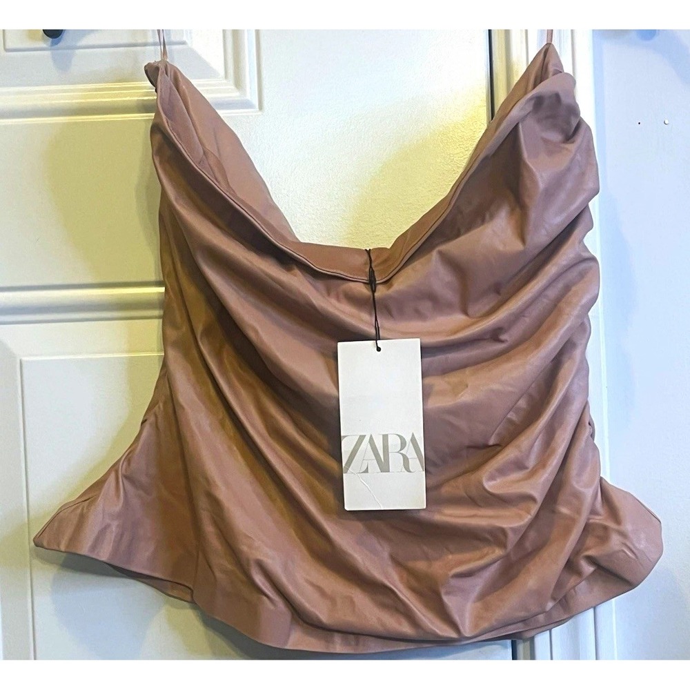 NWT Zara Grunge Strapless Faux Leather Draped Top Nude Pink XL Office Siren Y2K